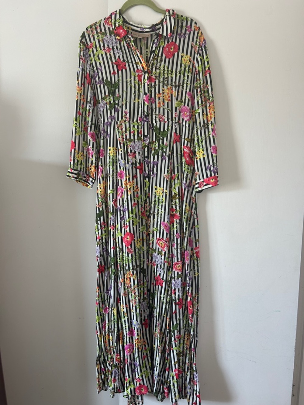 Philosophy Striped Floral Maxi Shirt Dress in Black, White & Pink, Multicolor